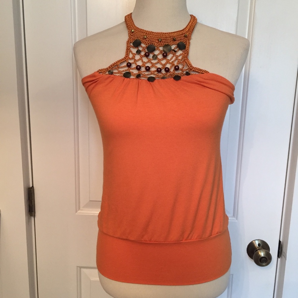 ARDEN B TOP HALTER TIE NECK SLEEVELESS ORANGE BEADS Size S